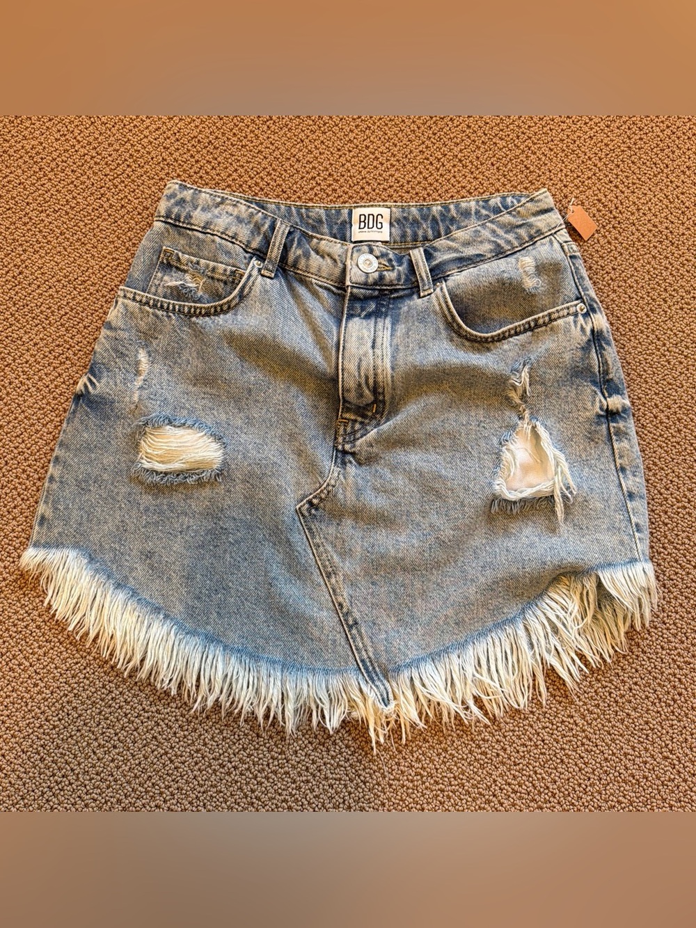 BDG Light Blue Distressed Fringed Denim Skirt